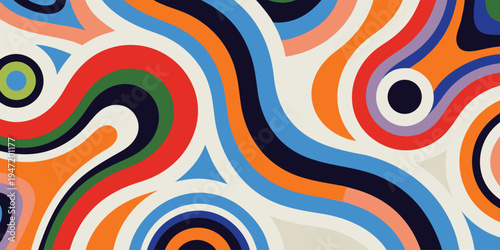 Abstract background with colorful wavy lines and circles, retro groovy pattern, modern artistic design element, vibrant curved stripes illustration