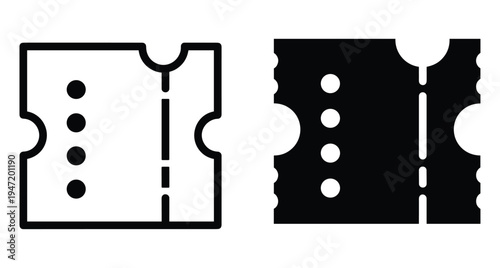 Ticket icon set for cinema movie theater event admission voucher coupon stub entry pass paper card outline solid silhouette