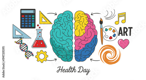Vector illustration of brain with art and science symbols for Health Day