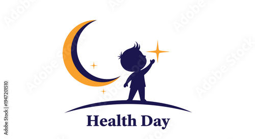 Vector illustration of a child reaching for stars on a crescent moon, Health Day logo