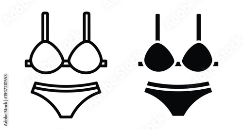 Bikini set icon featuring bra and panties in outline and solid black styles for fashion beachwear and lingerie design