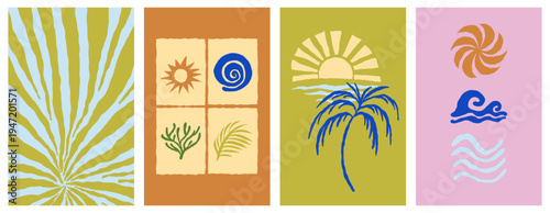 Vector set of cover design templates for travel vacation summer books, summer and sirf banners with hand drawn sketchy doodle illustrations in simple style