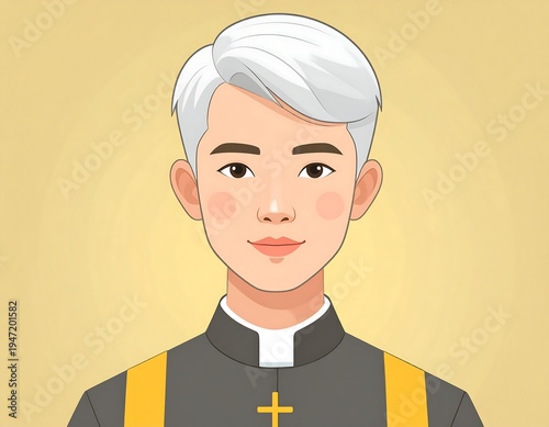 Digital illustration of a light-skinned, smiling individual, adorned with light grey hair, and clerical attire. The background features a soft gradient