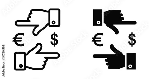 Currency exchange icon set showing hands pointing at euro and dollar symbols for financial transactions banking and global trade business