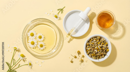Natural chamomile extract with fresh and dried flowers in laboratory flat lay on yellow background