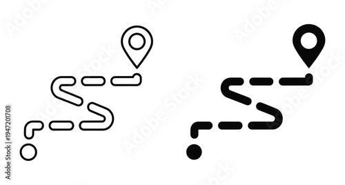 Map route icon set with dashed path line starting from circle point to location pin marker for navigation and travel