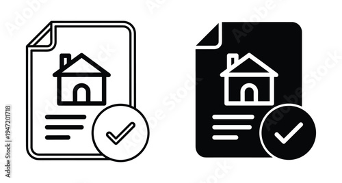 Real estate document icon set showing house contract with checkmark for mortgage approval property deed home insurance and rental agreement