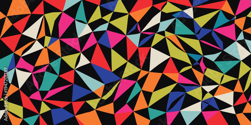 Abstract background of shattered triangles and geometric shapes in a colorful mosaic pattern on black