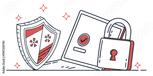 Data security concept with shield laptop and padlock flat illustration representing cybersecurity protection privacy digital safety network defense information guard