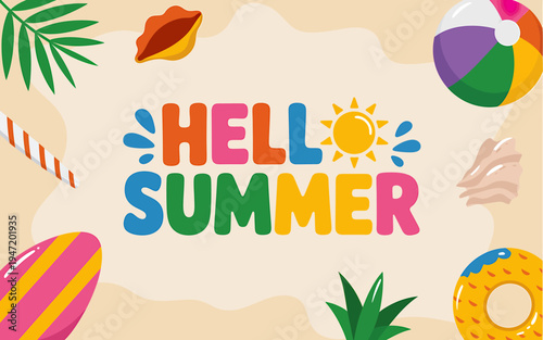 Wallpaper Mural Hello summer colorful beach illustration with tropical elements and inflatables Torontodigital.ca