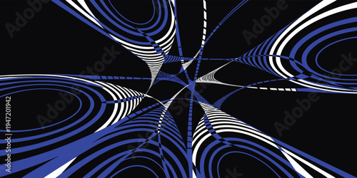 Abstract background with converging blue and white striped lines creating a mesmerizing tunnel or vortex effect on a dark, mysterious black backdrop
