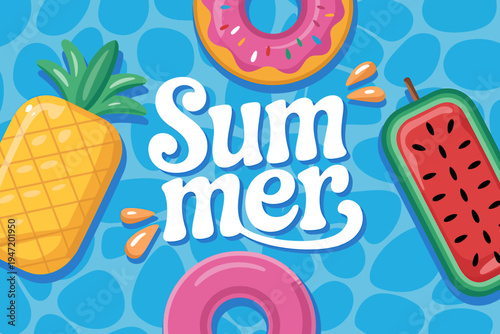 Colorful summer food and desserts on blue background