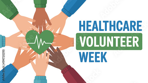Diverse hands holding green heart with ECG line for healthcare volunteer week campaign
