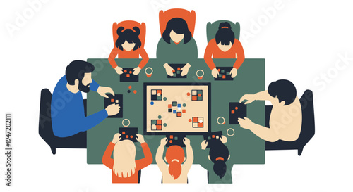 Diverse Group of People Gathered Around a Table Playing a Modern Strategy Board Game Together Flat Design