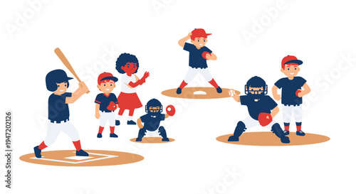 Diverse Group of Young Children Actively Playing Baseball Game Engaged in Various Roles on the Diamond