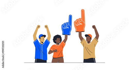 Diverse Sports Fans Cheering Loudly with Foam Fingers and Raised Fists at an Exciting Event