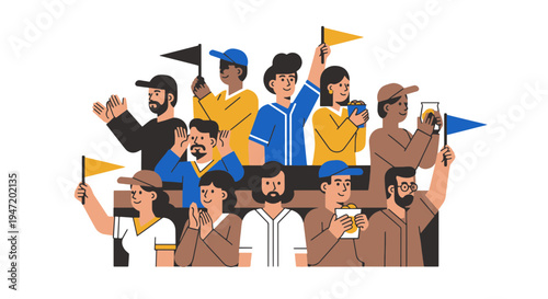Diverse Sports Fans Cheering and Watching a Baseball Game in a Stadium Enjoying Snacks and Waving Flags