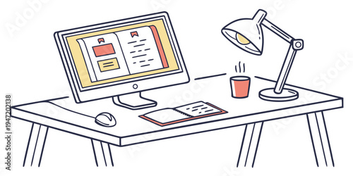 Modern home office desk setup with computer monitor table lamp open book and coffee cup on desk for studying or remote work concept illustration