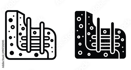 Reinforced concrete wall section with steel rebar rods icon set for construction engineering architecture building foundation and structural material design