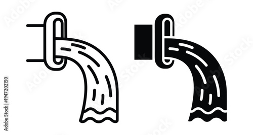 Water drainage pipe icon set showing liquid flowing from outlet for plumbing sewage system industrial waste and environmental pollution management