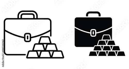 Briefcase and gold bars icon set representing wealth management financial investment banking success corporate assets savings and capital growth symbols