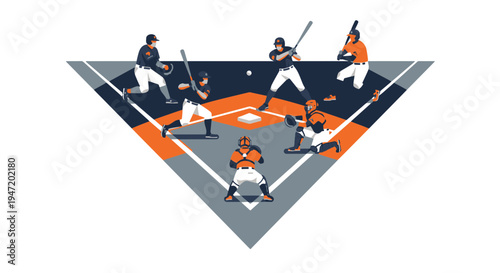 Dynamic Baseball Game Action with Players on a Stylized Diamond Field Engaging in Competition