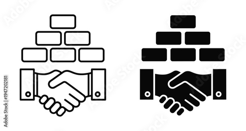 Handshake icon with brick wall symbol representing construction partnership building foundation teamwork business agreement real estate deal collaboration and professional cooperation