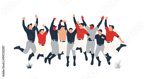 Dynamic Group of Baseball Athletes Celebrating Success and Achievement with a Triumphant Jump
