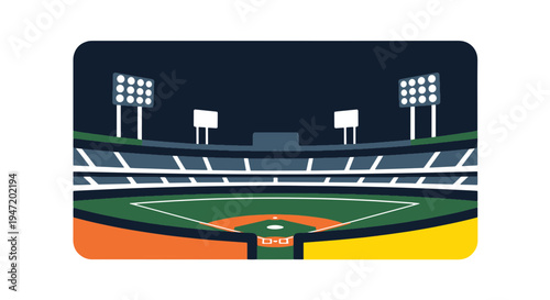 Empty Baseball Stadium at Nighttime with Brightly Illuminated Playing Field and Spectator Seating