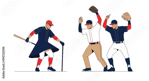 Dynamic Group of Baseball Players in Various Action Poses with Bat and Gloves on Field