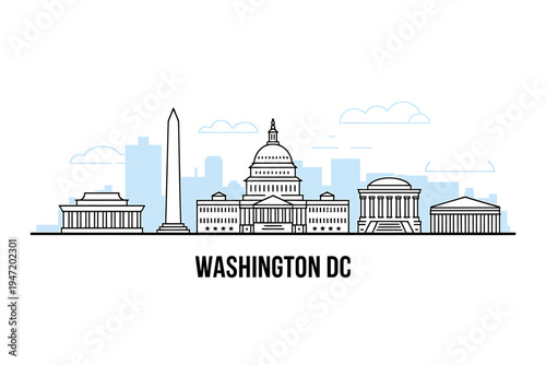 Washington DC cityscape with famous landmarks and buildings illustration