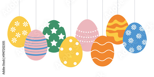 Colorful Easter eggs hanging from strings on white background