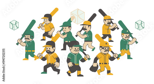 Group of Cartoon Baseball Players with Bats and Creative Baseball Dice for a Sports Theme