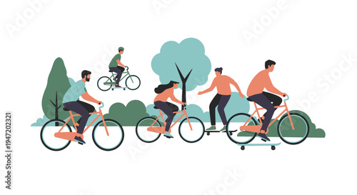 Group of Diverse Young Adults Enjoying Recreational Activities Cycling and Skateboarding in a City Park