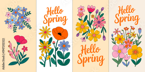 Hello Spring colorful floral illustrations with text on beige backgrounds