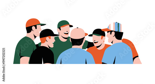 Group of Diverse Male Friends Wearing Sports Caps Huddling Together Sharing a Moment and Laughing