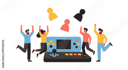 Happy Diverse Friends Cheering Triumphantly Around a Classic Video Game System and Handheld Console