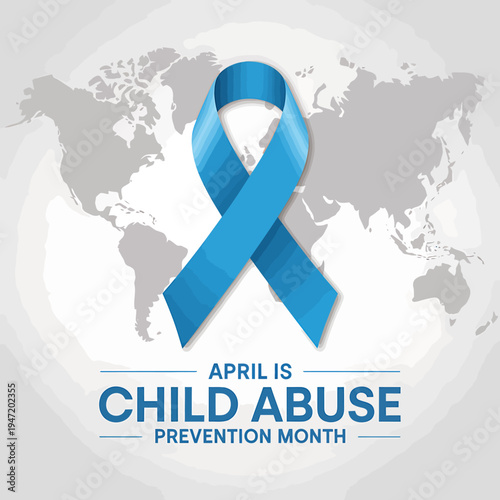 Blue ribbon awareness symbol for child abuse prevention month globally on grey world map