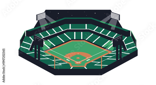 Isometric Baseball Stadium Illuminated by Bright Floodlights Under a Dark Night Sky with Stars