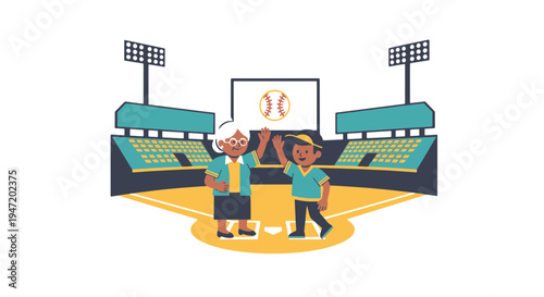 Happy Grandmother and Young Boy Sharing a High five on a Baseball Diamond with a Stadium View