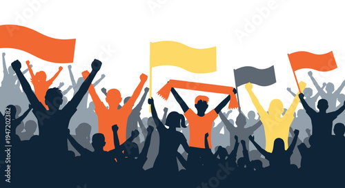 Large Excited Crowd of Diverse Sports Fans Cheering with Raised Hands and Flags at a Stadium Event Celebration
