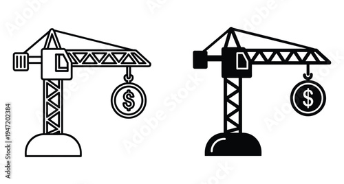 Construction crane lifting dollar coin icon set representing real estate investment financial growth building development and economic industry project funding