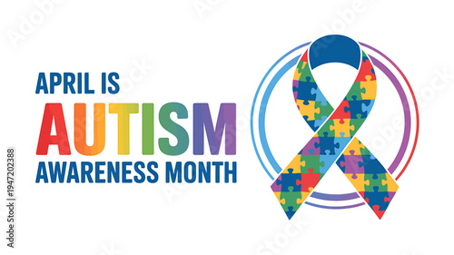 Autism awareness month colorful puzzle ribbon and text on white background