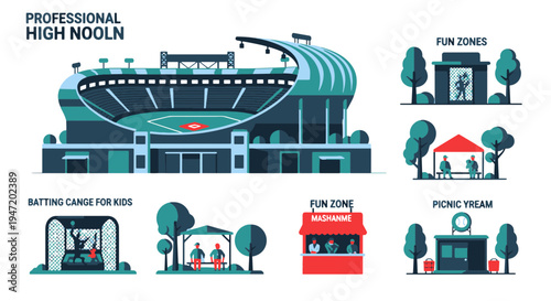 Large Outdoor Sports Stadium and Recreational Park with Batting Cages Picnic Zones and Fun Amenities