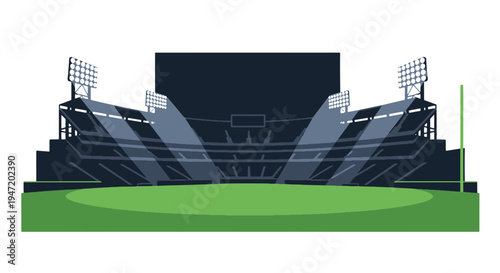 Large Outdoor Stadium with Bright Floodlights Empty Green Field and Scoreboard for Sporting Event
