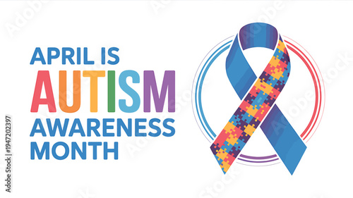 Autism awareness month colorful puzzle ribbon and text on white background