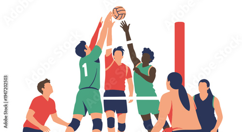 Volleyball Players Blocking Ball High over Net During Exciting Professional Sports Game