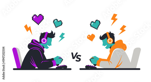Two Vibrant Gamers Deeply Engaged in an Exciting Video Game Competition with Controllers and Hearts
