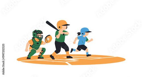 Youth Baseball Players in Action on a Field with Catcher Batter and Runner on the Bases