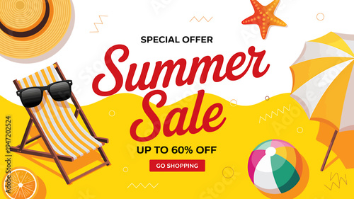 Summer sale advertisement with beach chair and colorful beach ball